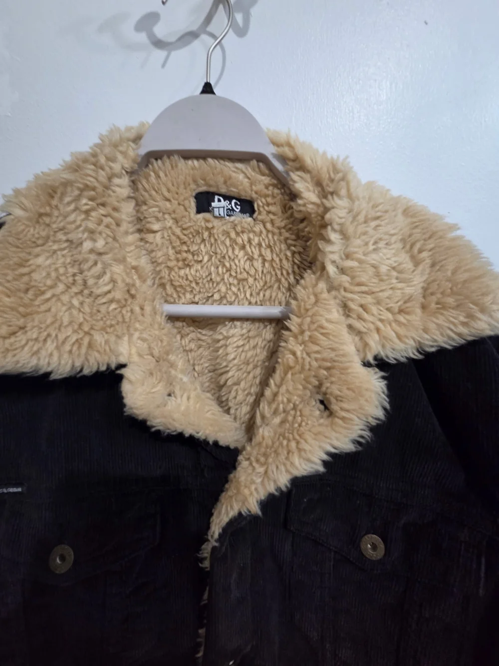 VINTAGE Dolce & Gabbana Black Corduroy Bomber Jacket with Cream Sherpa Collar - Picture 2 of 4